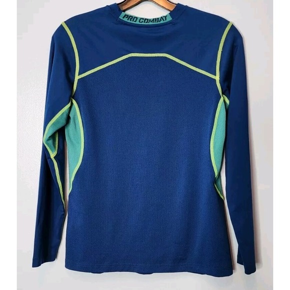 Nike Pro Combat Shirt Dri Fit YOUTH L Long Sleeve Blue Yellow Logo Swoosh Large - Picture 7 of 11